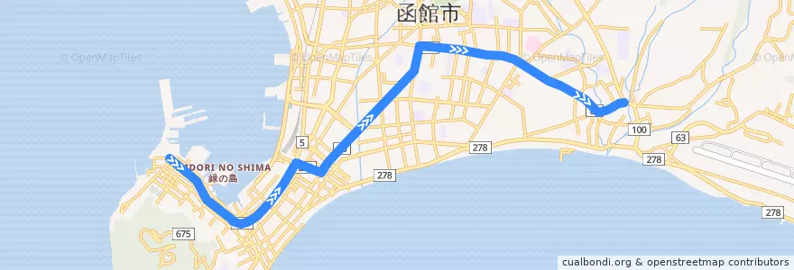 Mapa del recorrido 5系統 de la línea  en 函館市.