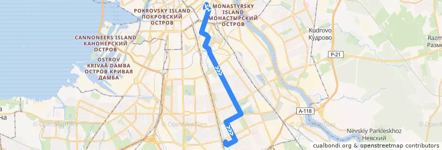 Mapa del recorrido Трамвай № 25: улица Марата => станция метро «Купчино» de la línea  en Фрунзенский район.