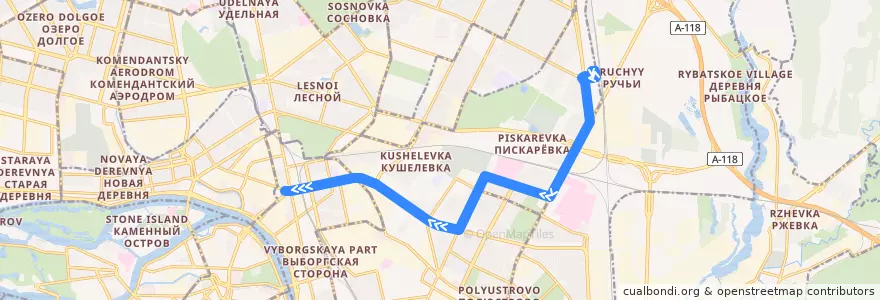Mapa del recorrido Троллейбус № 18: железнодорожная станция "Ручьи" => площадь Академика Климова de la línea  en Калининский район.