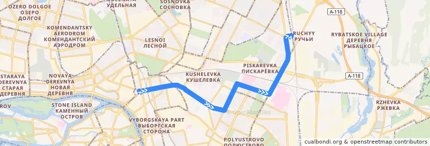 Mapa del recorrido Троллейбус № 18: площадь Академика Климова => железнодорожная станция "Ручьи" de la línea  en Калининский район.