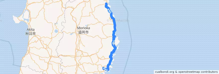 Mapa del recorrido 三陸鉄道リアス線 盛 => 久慈 de la línea  en 이와테현.