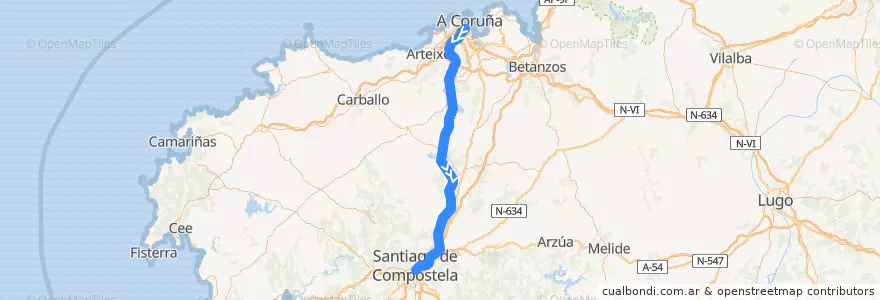 Mapa del recorrido LAV Santiago de Compostela - A Coruña de la línea  en А-Корунья.
