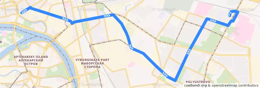 Mapa del recorrido Автобус № 33: станция метро «Чёрная речка» => ж/д станция Пискарёвка de la línea  en Санкт-Петербург.