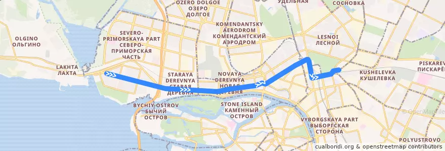 Mapa del recorrido Трамвай № 48: Лахтинский разлив => железнодорожная станция «Кушелевка» de la línea  en Приморский район.