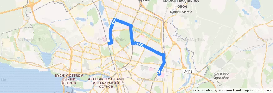 Mapa del recorrido Трамвай № 9: проспект Мечникова => станция метро "Удельная" de la línea  en Санкт-Петербург.