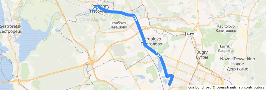 Mapa del recorrido Автобус № 109: железнодорожная станция «Песочная» => станция метро «Озерки» de la línea  en Выборгский район.