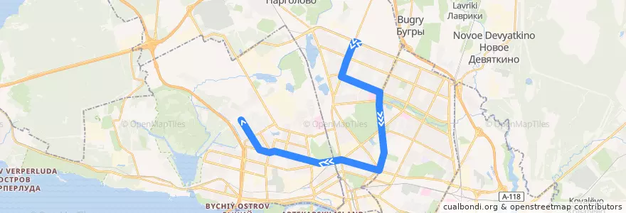 Mapa del recorrido Трамвай № 55: Придорожная аллея => улица Шаврова de la línea  en Санкт-Петербург.