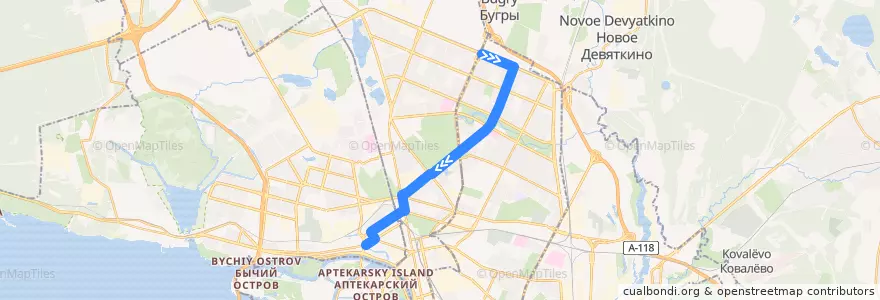 Mapa del recorrido Автобус № 98: проспект Культуры => станция метро «Чёрная речка» de la línea  en Санкт-Петербург.