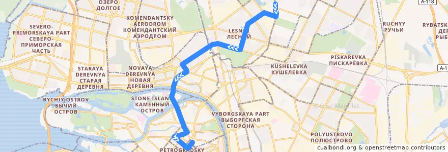 Mapa del recorrido Троллейбус № 34: Тихорецкий проспект => станция метро «Петроградская» de la línea  en Санкт-Петербург.