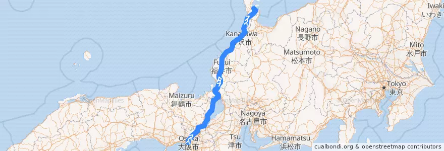 Mapa del recorrido サンダーバード: 大阪 -> 和倉温泉 de la línea  en Japonya.