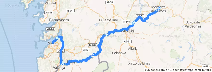 Mapa del recorrido Liña Vigo - Ourense - Monforte de la línea  en Galiza.