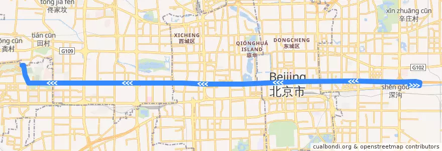 Mapa del recorrido Bus 1 四惠枢纽站—>老山公交场站 de la línea  en Pekin.