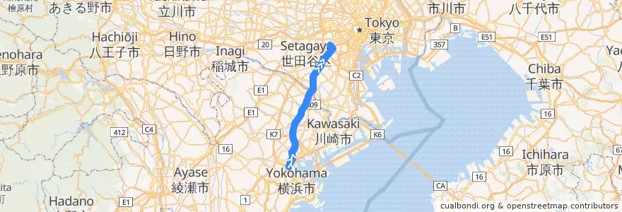 Mapa del recorrido 列車 東急東横線: 横浜 => 渋谷 de la línea  en Jepun.