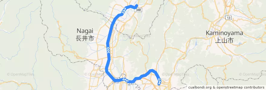 Mapa del recorrido 山形鉄道フラワー長井線（下り） de la línea  en Präfektur Yamagata.
