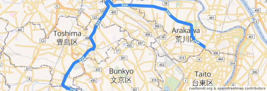 Mapa del recorrido 都電荒川線 de la línea  en Tokyo.