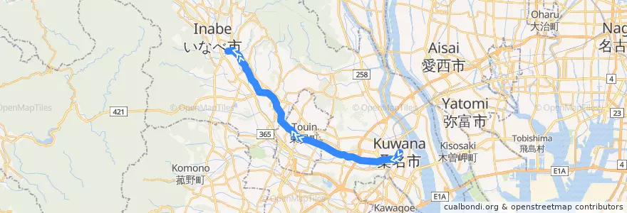 Mapa del recorrido 三岐鉄道北勢線 de la línea  en Préfecture de Mie.