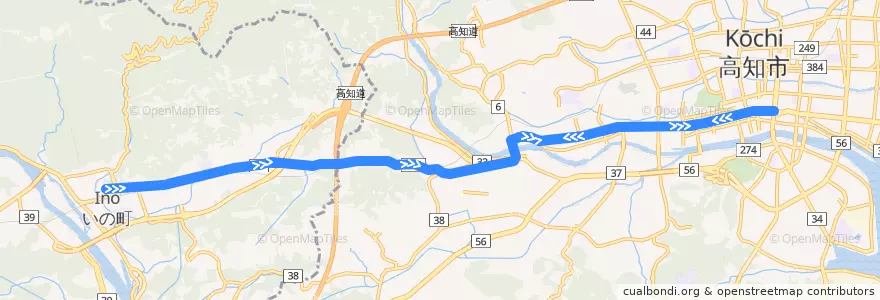 Mapa del recorrido とさでん交通伊野線 de la línea  en 고치현.