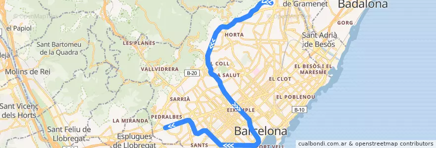 Mapa del recorrido L3: Zona Universitària => Trinitat Nova de la línea  en Barcelona.