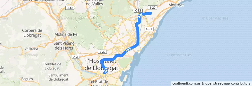 Mapa del recorrido L1: Hospital de Bellvitge => Fondo de la línea  en Barcelonès.