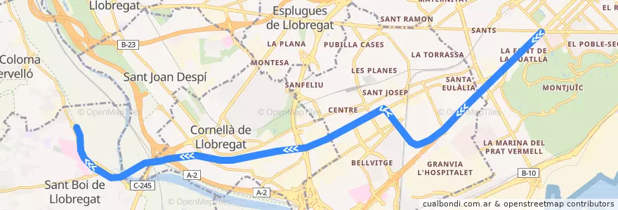 Mapa del recorrido L8: Pl. Espanya => Molí Nou - Ciutat Cooperativa de la línea  en Barcelona.