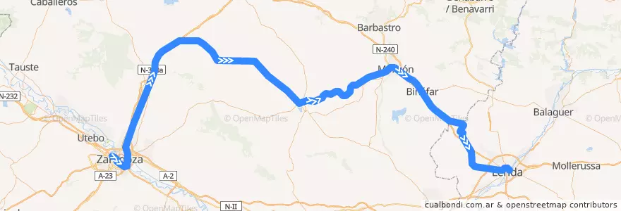 Mapa del recorrido Línea convencional Zaragoza - Lleida de la línea  en Aragão.