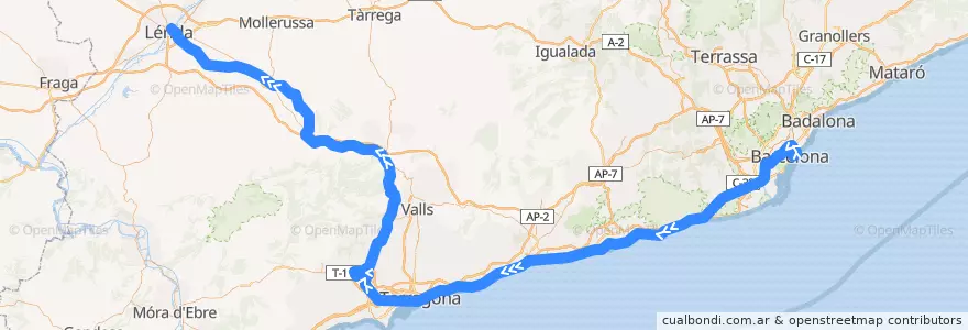 Mapa del recorrido R14: Barcelona - Estació de França - Lleida-Pirineus (via Reus) de la línea  en Catalunya.