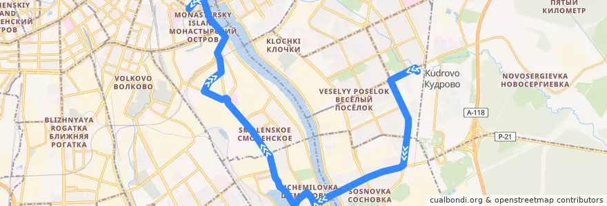 Mapa del recorrido Троллейбус № 14: река Оккервиль => станция метро «Площадь Александра Невского» de la línea  en Невский район.