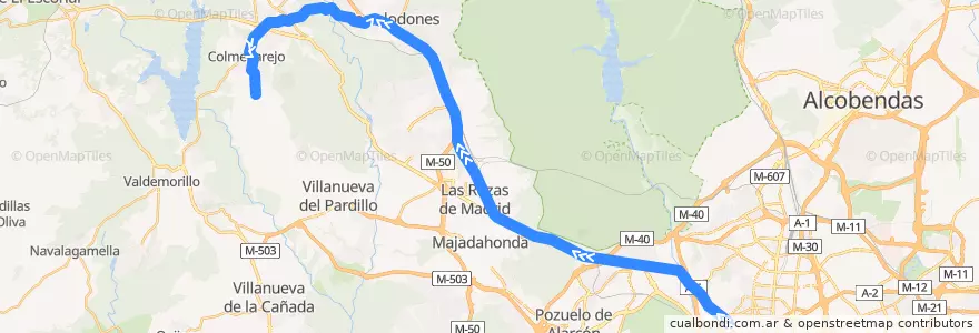 Mapa del recorrido Bus 631: Madrid (Moncloa) → Torrelodones (Colonia) → Galapagar → Colmenarejo de la línea  en منطقة مدريد.