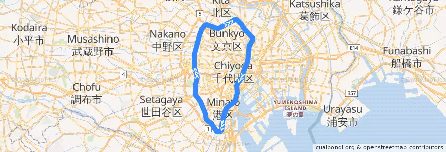 Mapa del recorrido JR山手線 de la línea  en 東京都.