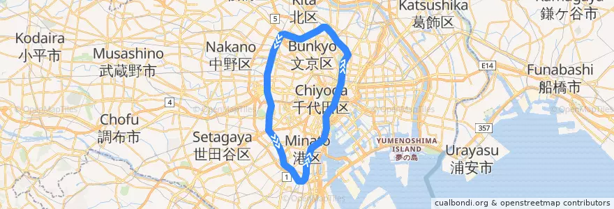 Mapa del recorrido JR山手線 de la línea  en 東京都.
