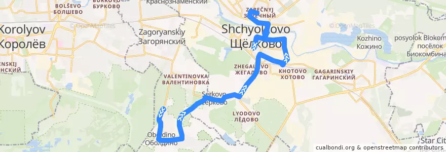Mapa del recorrido Автобус 36: Оболдино => Щёлково (микрорайон Заречный) de la línea  en городской округ Щёлково.