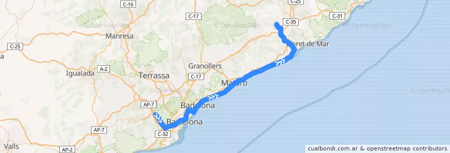 Mapa del recorrido R1: Molins de Rei - Maçanet-Massanes de la línea  en Barcelona.
