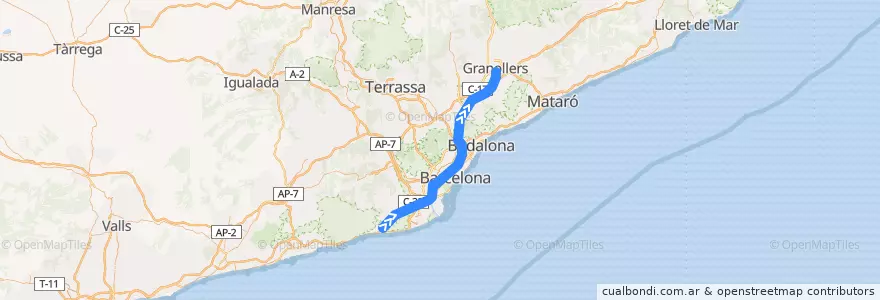 Mapa del recorrido R2: Castelldefels - Granollers Centre de la línea  en Barcelona.