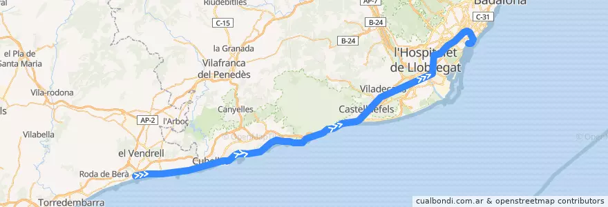 Mapa del recorrido R2Sud: Sant Vicenç de Calders - Barcelona-Estació de França via Vilanova i la Geltrú de la línea  en España.