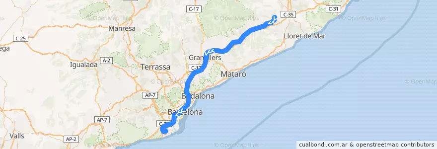 Mapa del recorrido R2Nord: Maçanet Massanes - Aeroport per Granollers Centre de la línea  en Barcelona.