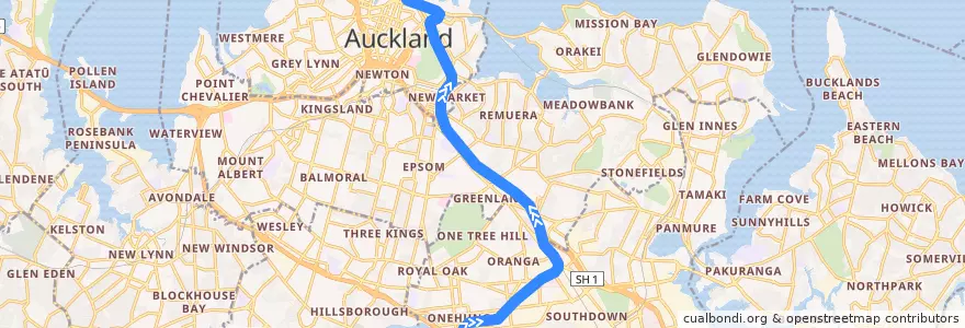 Mapa del recorrido Onehunga Line: Britomart => Onehunga de la línea  en Auckland.