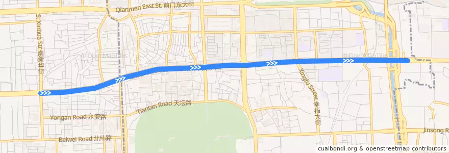Mapa del recorrido Bus 23: 虎坊路 => 朝阳半壁店 de la línea  en 北京市.