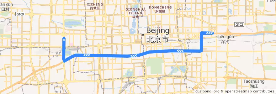 Mapa del recorrido Bus 57: 四惠枢纽站 => 公主坟南 de la línea  en 北京市.
