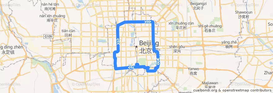 Mapa del recorrido Bus 特12: 左安路 => 左安路 de la línea  en 베이징시.