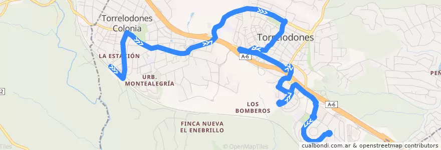 Mapa del recorrido L1: FF.CC. → Colonia → Pueblo → Área Homogénea Sur de la línea  en Torrelodones.