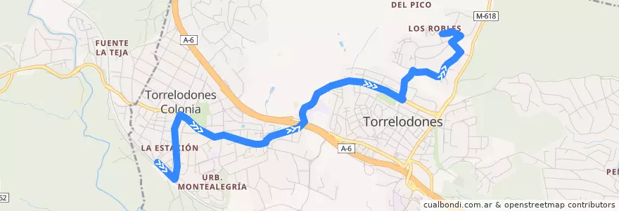 Mapa del recorrido L2: FF.CC. → Colonia → Pueblo → Los Robles de la línea  en Torrelodones.