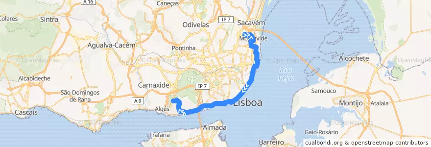Mapa del recorrido Bus 728: Portela - Avenida dos Descobrimentos → Restelo - Avenida das Descobertas de la línea  en Grande Lisboa.