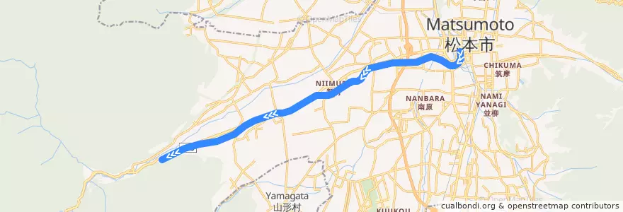 Mapa del recorrido 松本電鉄上高地線（下り） de la línea  en Matsumoto.