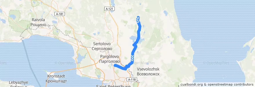 Mapa del recorrido Автобус № 205: Лехтуси => станция метро "Проспект Просвещения" de la línea  en Oblast' di Leningrado.