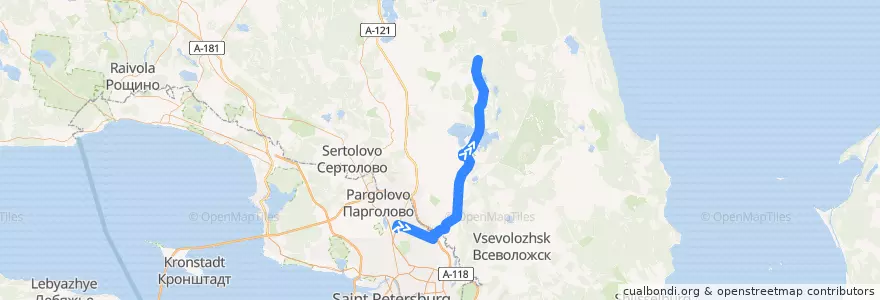 Mapa del recorrido Автобус № 205: станция метро "Проспект Просвещения" => Лехтуси de la línea  en Ленинградская область.