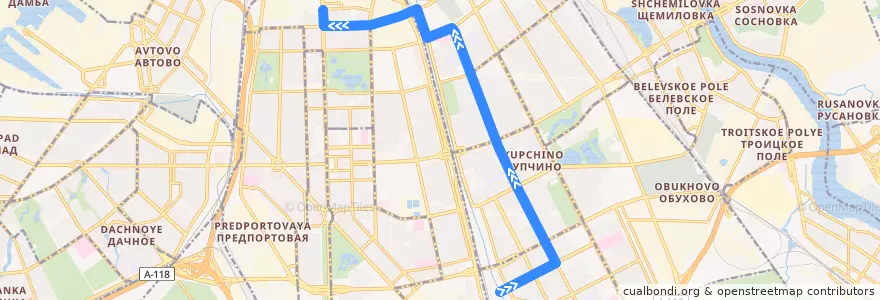 Mapa del recorrido Троллейбус № 39: станция метро «Купчино» => станция метро «Электросила» de la línea  en Sint-Petersburg.