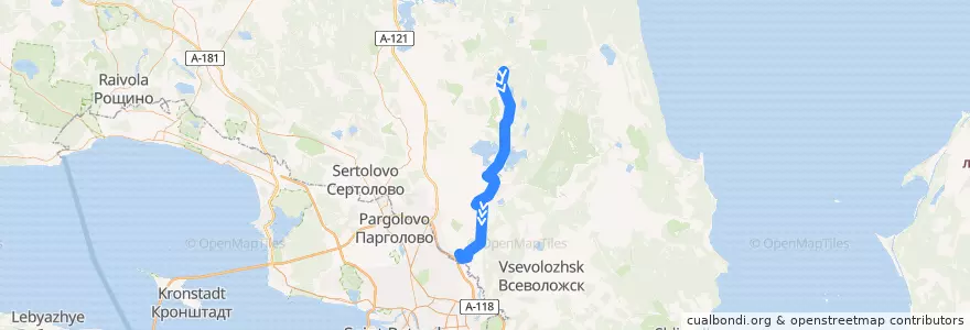 Mapa del recorrido Автобус № 621: Лехтуси => станция метро "Девяткино" de la línea  en Всеволожский район.