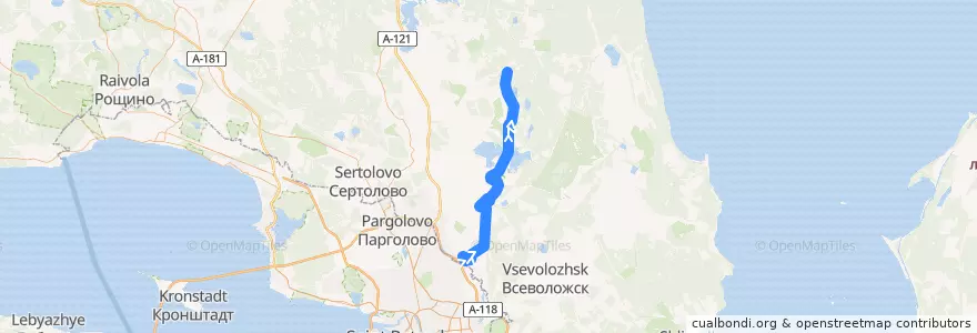 Mapa del recorrido Автобус № 621: станция метро "Девяткино" => Лехтуси de la línea  en Всеволожский район.