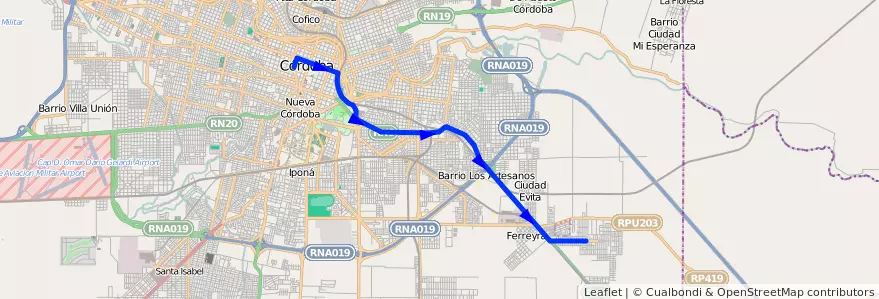 Mapa del recorrido 2 de la línea D (Diferencial) en Municipio de Córdoba.