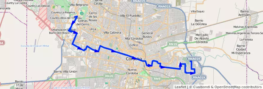 Mapa del recorrido 2 de la línea E (Celeste) en Municipio de Córdoba.